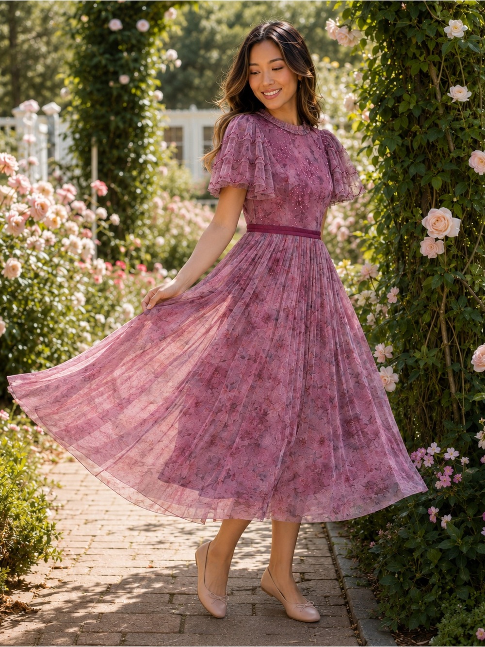 Ivy City Co Sugar Plum Fairy Purple Floral Sequin Midi Dress S